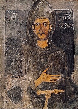 Francis of Assisi, founder of the Order of Friars Minor. The oldest known portrait in existence of Francis, dating back to his retreat to Subiaco, 1223–1224.