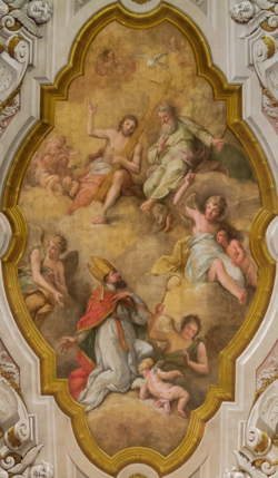 The Glory of Saint Nicholas, by António Manuel da Fonseca; Nicholas of Myra, a participant in the First Council of Nicaea, achieves the beatific vision in the shape of the Holy Trinity.