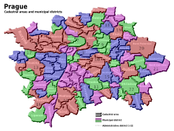 Map of Prague cadastral areas and administrative districts