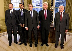 From left to right: Presidents George H. W. Bush, Barack Obama, George W. Bush, Bill Clinton, and Jimmy Carter in the Oval Office on January 7, 2009; Obama took office thirteen days later.
