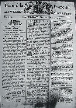 Bermuda Gazette of 12 November 1796, calling for privateering against Spain and its allies during the 1796 to 1808 Anglo-Spanish War, and with advertisements for crew for two privateer vessels.
