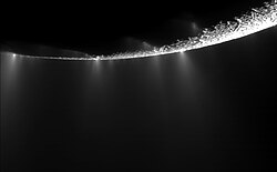Enceladus's south pole - Geysers spray water from many locations along the 'tiger stripes' feature.