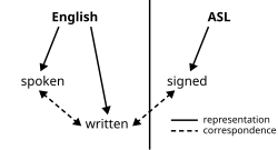 The relationship between spoken, written, and signed modes of language, as modelled by Meletis & Dürscheid (2022)[1] While many spoken or signed languages are not written, there are no written languages without a spoken counterpart that they originally emerged to record.