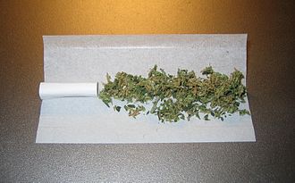 A joint prior to rolling, with a paper handmade filter on the left