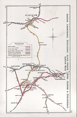 A railway clearing house map, which looks like a rectangular sheet of a paper with coloured lines showing different railway companies' lines. They converge in Oldham at the top, and Ashton at the bottom, with a key showing the colours' corresponding companies.