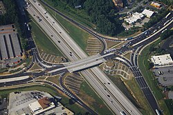 A diverging diamond at Interstate 285 and Camp Creek Parkway near Atlanta33°39′23.5″N 84°29′51.5″W﻿ / ﻿33.656528°N 84.497639°W