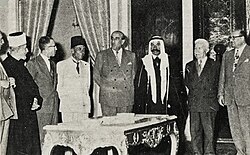 Syrian and Palestinian leaders meeting Syrian President Shukri al-Quwatli at the presidential palace, 1955. From right to left: Sabri al-Asali, Fares al-Khoury, Sultan Pasha al-Atrash, Quwatli, Mohamed Ali Eltaher, Nazim al-Qudsi, Amin al-Husayni and Muin al-Madi.