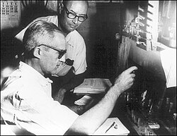 Luis Leloir and Carlos Eugenio Cardini at work in the Fundación Instituto Campomar, 1960.