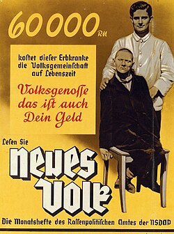 Poster from the Nazi Party's Office of Racial Policy: "60 000 RM is what this person with hereditary illness costs the community in his lifetime. Fellow citizen, that is your money too."