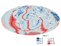 A map of heat flow from Earth's interior to the surface of Earth's crust, mostly along the oceanic ridges