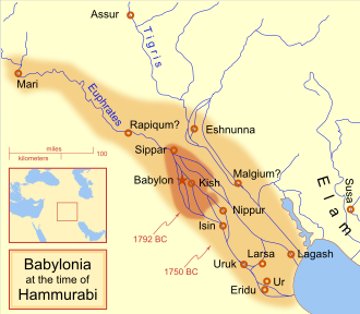 Map showing the Babylonian territory upon Hammurabi's ascension c. 1792 BC and upon his death c. 1750 BC