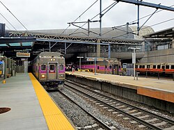 Two MBTA Commuter Rail trains on the NEC at Ruggles station