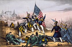 Marines storming Chapultepec Castle with a large American flag during the Mexican-American War