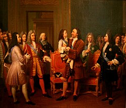 Tsar Peter the Great of Russia picks up the young King (1717), painted around 1838