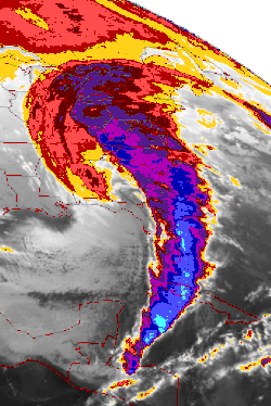 Image of March 1993 Storm of the Century covering the length of the east coast; the outline of Georgia is discernible in the center of the image