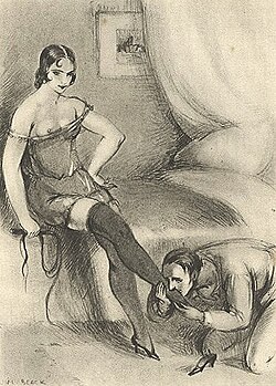 A submissive man worshipping a woman's foot, from Dresseuses d'Hommes (1931)