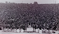 Swami Satchidananda giving the opening talk at the Woodstock Festival of 1969