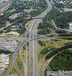 An aerial view of the Lakalaiva interchange in the Tampere Ring Road between the Highway 3 (E12) and Highway 9 (E63) near city of Tampere
