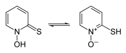 Skeletal formulae of 1-hydroxy-2(1H)-pyridinethione and its tautomer