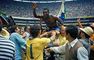 Pelé being held aloft after winning the 1970 World Cup final in Mexico City. He is the only player to win three World Cups.