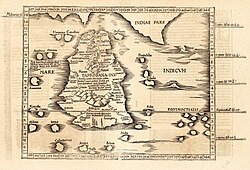 Ptolemy's world map of Ceylon, first century CE, in a 1535 publication