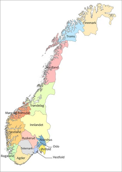 In Norway, both the first-level administrative divisions and the second-level administrative divisions are municipalities. Norway has 15 first-level municipalities (which are shown in this image). They're called fylkeskommuner (county municipalities) and share borders with the country's counties. They're further divided into 357 second-level municipalities called primærkommuner (primary municipalities) or just kommuner (municipalities).