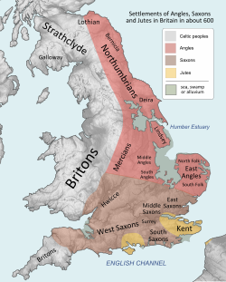 Southern Britain in AD 600 after the Anglo-Saxon settlement, showing division into multiple petty kingdoms