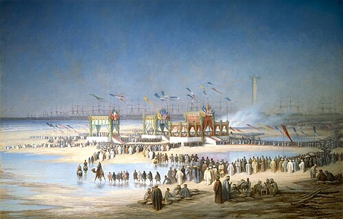 Inauguration ceremony of the Suez canal at Port Said, 17 November 1869, by French artist Édouard Riou.