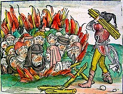 Jews burned alive for the alleged host desecration in Deggendorf, Bavaria, in 1338, and in Sternberg, Mecklenburg, in 1492; a woodcut from the Nuremberg Chronicle (1493)