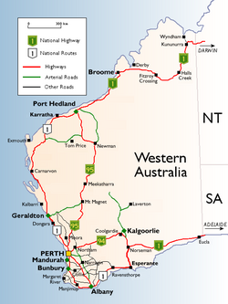 Western Australian cities, towns, settlements and road network
