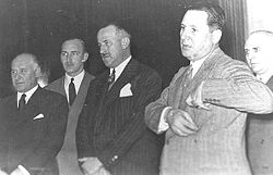Nazi exile network principal Rodolfo Freude (2nd from left) and President Perón (2nd from right), who appointed Freude Director of the Argentine Intelligence Secretariat