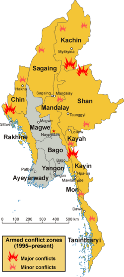 Map of conflict zones in Myanmar. States and regions affected by fighting during and after 1995 are highlighted in yellow.
