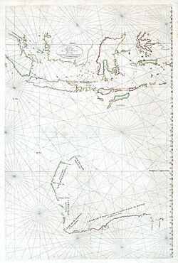 Map first drawn in 1618 by Hessel Gerritsz, 12 years after Europeans first encountered the Australian mainland,[9] showing the charted coast of Australia. Chartings after 1618, for example by François Thijssen in 1627, were added to the engraved plate between 1628 and 1632.[10]
