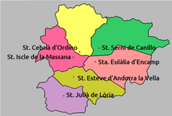 The six old parishes, each named for their patron saint, as depicted in the Acta de Consagració i Dotació de la Catedral de la Seu d'Urgell (839)