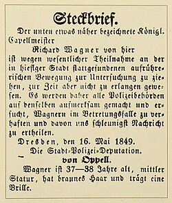 A printed notice in German with elaborate Gothic capitals. Wagner is described as 37 to 38 of middle height with brown hair and glasses.