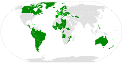 A map of parties to the Convention on the Reduction of Statelessness. Parties to Convention in dark green; countries which have signed, but not ratified in light green; non-members in grey.