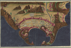 Portuguese depiction of Muscat. The Portuguese Empire ruled Oman for 143 years (1507–1650)