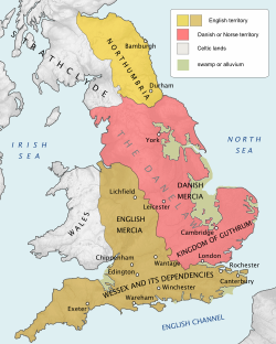 Map of England in 878 showing the extent of the Danelaw