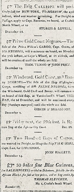The shipping news in Charleston in December 1805 included 900 newly imported enslaved Africans from the Gold Coast, Windward Coast, and Bonny, plus cotton shipping out for Liverpool, and a delivery of salampore cloth, which was traded for "prime negroes" in regions of Africa where Islamic dietary laws made American rum undesirable[117]