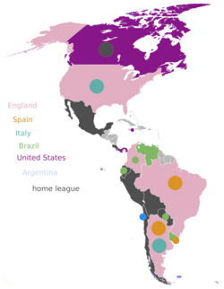 2024 Copa América squads by most common league (more precisely, by club associations, according to flags in this article). A background means the highest number of players in a given team, from a given league. A dot/circle means another league, with at least 5 players in the given team.