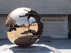 Arnaldo Pomodoro's Sphere Within Sphere sculpture stands outside the Eavan Boland Library.[112]