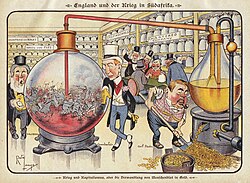 1899 German political cartoon: "War and Capitalism, or the transformation of human blood into gold"