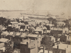 New Haven's harbor and long wharf as seen from Depot Tower, c. 1849