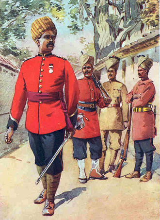 From left to right: Subedar, 103rd Mahratta Light Infantry; Sepoy, 110th Mahratta Light Infantry; Sepoy, 116th Mahrattas; Sepoy, 114th Mahrattas, by AC Lovett (1862–1919)