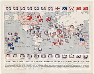 Map of the British Empire from 1910, with the ensigns and emblems of several British dominions and colonies displayed