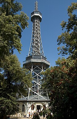 Petřín Lookout Tower, an observation tower inspired by the Eiffel Tower in Paris, France, and built at Petřín hill