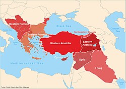 Map of the main subgroups of Turkish dialects across Southeast Europe and the Middle East.
