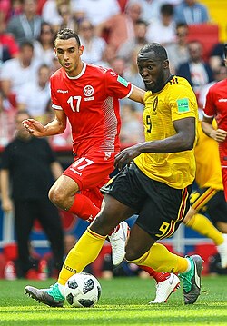 Lukaku (right) playing for Belgium at the 2018 FIFA World Cup