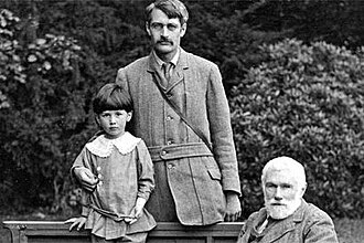 Trevelyan in 1910 with his eldest son, Theo, and father, Sir G. O. Trevelyan. Theo died of appendicitis in 1911.[4]