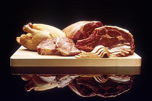 Raw meat (clockwise from left): chicken, beef, bacon, pork chops